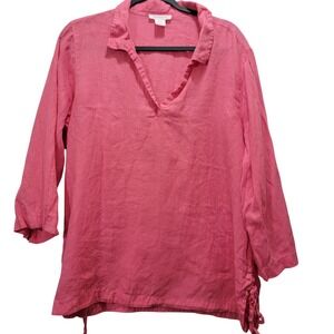 Isaac Mizrahi Pink 100% Linen Tunic Top 3/4 Sleeve Split Neck XL Beach Cover Up